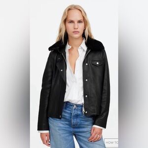 Madewell Sherpa-Collar Asymmetric Zip-Front Jacket in Leather Black NWT Size M